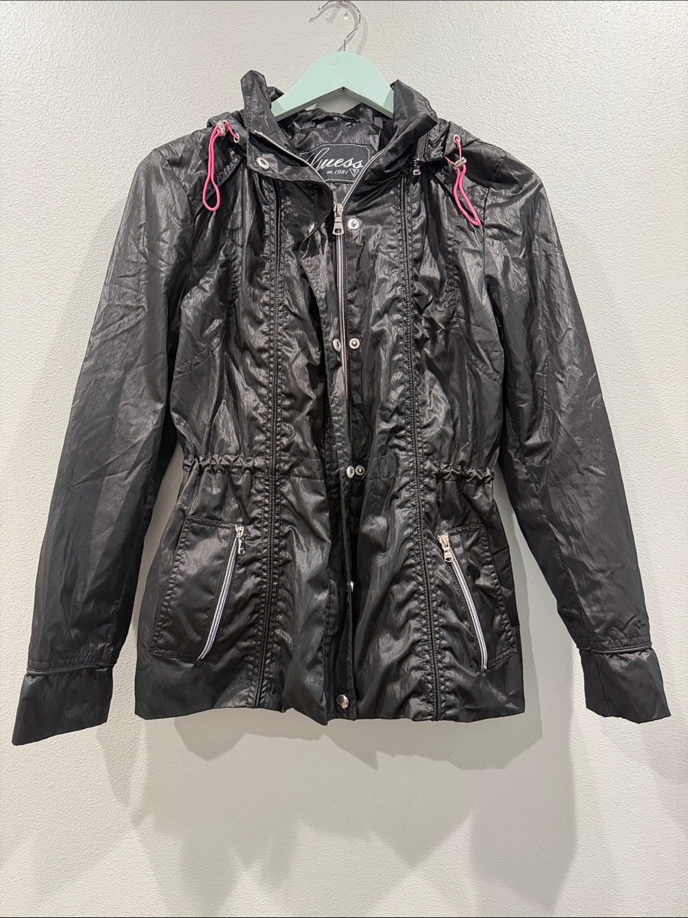 Guess Black Hooded Utility Jacket with Pink Lining Size Medium